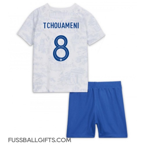 Frankreich Aurelien Tchouameni #8 Fußballbekleidung Auswärtstrikot Kinder WM 2022 Kurzarm (+ kurze hosen)